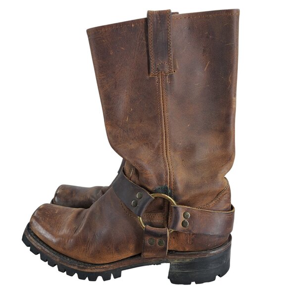 Frye Brown Leather Harness Pull On Moto Boots Size 8 Womens Heel Distressed - Picture 4 of 15